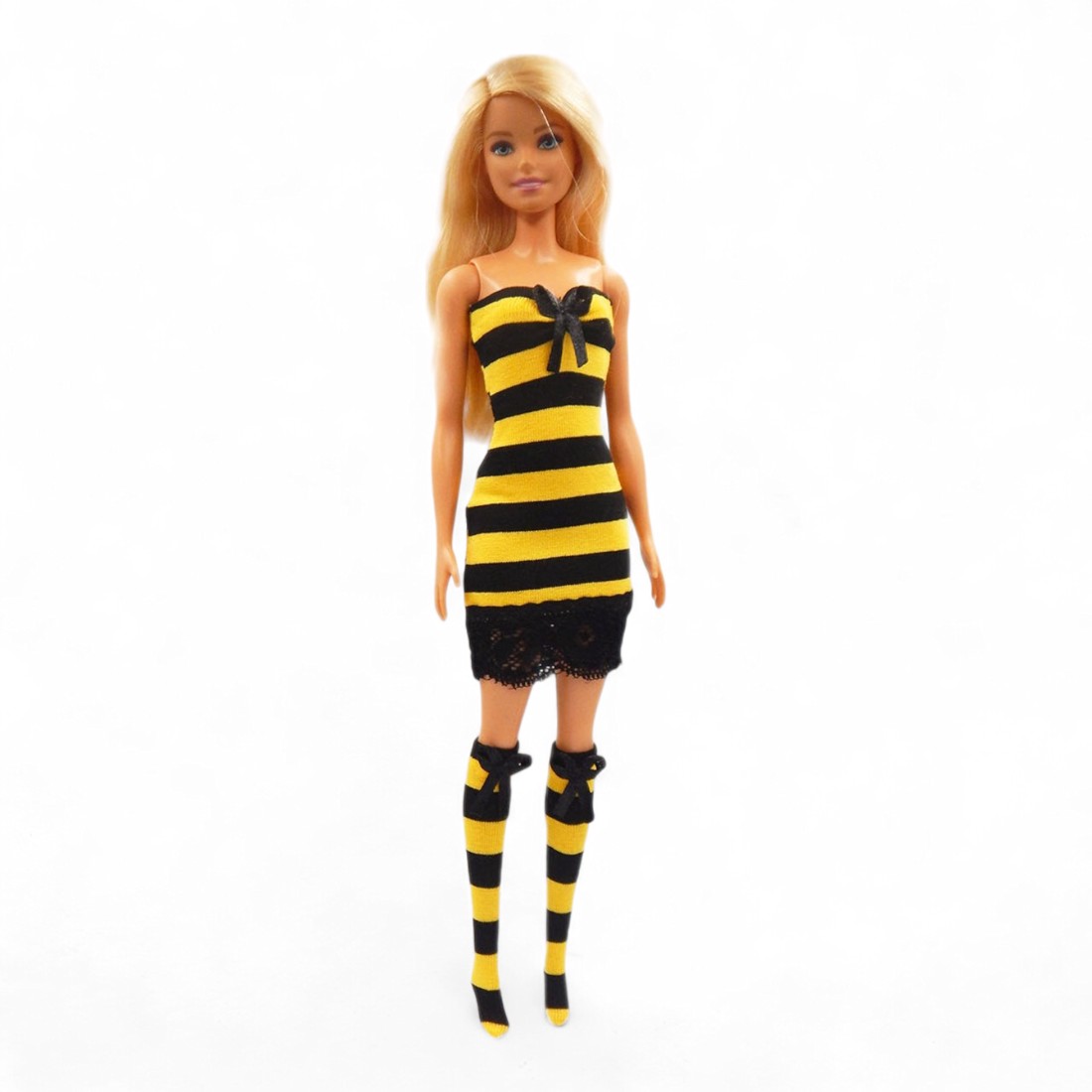 Rochie mini Barbie cu dungi și dantelă, cu albinuțe  - rochie pentru păpuși de tip Barbie (a028mh) -  - Artynos.ro