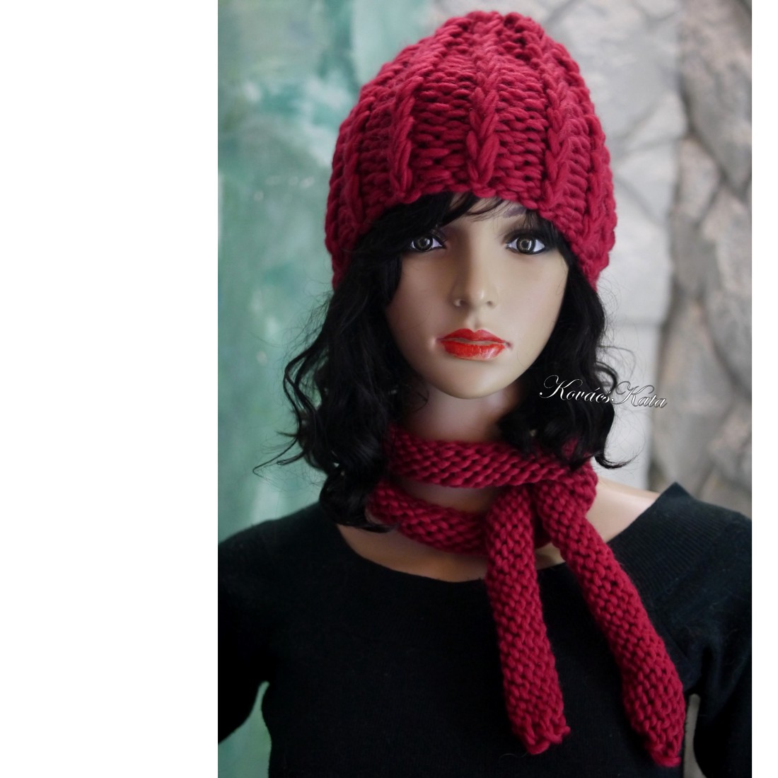 ETA CHUNKY - șapcă super-subțire tricotată manual / roșu vin - îmbrăcăminte și modă - eșarfe, pălării, fularuri - căciulă - Artynos.ro