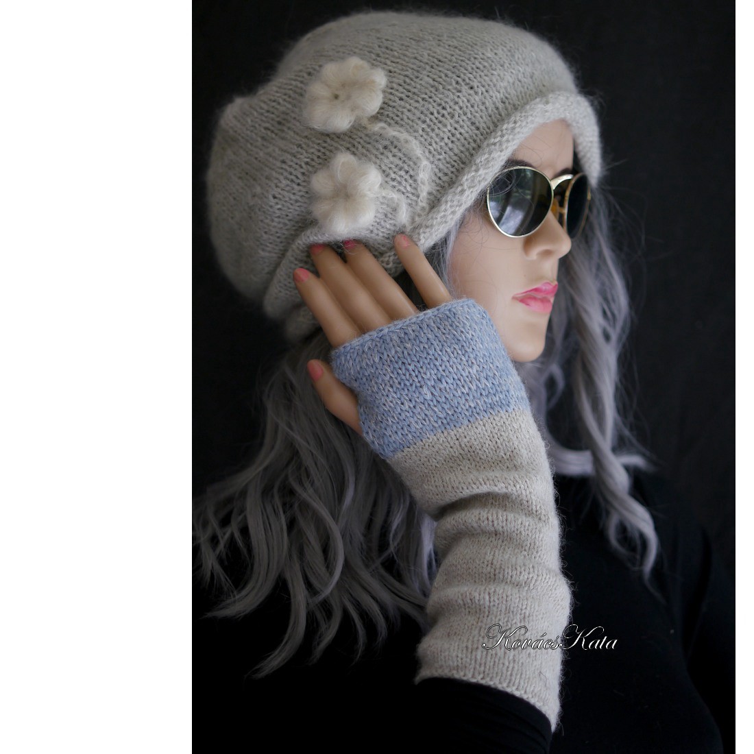 BOSZI-KESZTYŰ / mistery lux - mănușă exclusiv tricotată manual, încălzitoare de mână / bej+albastru - îmbrăcăminte și modă - eșarfe, pălării, fularuri - mănușă - Artynos.ro