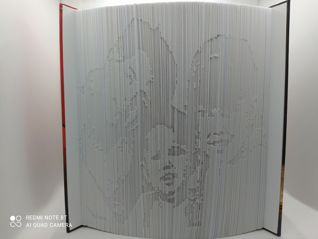 Sculptură de carte portret cu 3 fețe bazată pe o fotografie unică - casă & stil de viață - accesorii pentru decorat casa - decorațiuni de masă și decorațiuni pentru rafturi  - sculptură de carte, carte pliată - Artynos.ro