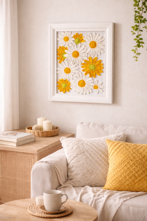 genul: „Tablou handmade cu flori croșetate – decor de primăvară