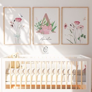Litere, monogramă, imagine pentru ziua numelui, cadou de botez, decorare cameră copil, set de artă de perete cu flori sălbatice de 3 -  - Artynos.ro