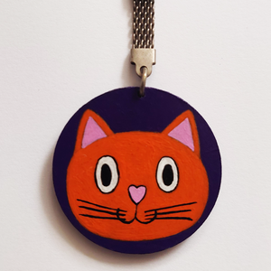 Breloc Lemn Pisica Portocalie pe Mov, Genti si portofele, Accesorii genti, Breloc, Obiecte pictate, Pictura, ARTYNOS