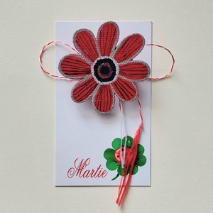 Martisor Handmade Brosa Anemona Rosie Pictata cu Acrilice pe Lemn - Artynos.ro