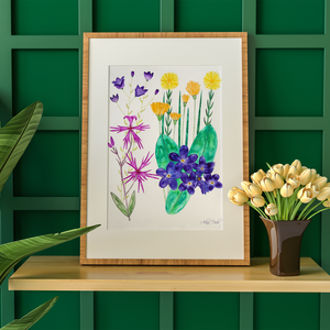 Ilustratie Pictura Tablou Acuarele Flori de Camp Galbene, Roz si Violet - arte vizuale și accesorii  - picturi - acuarele picturi - Artynos.ro