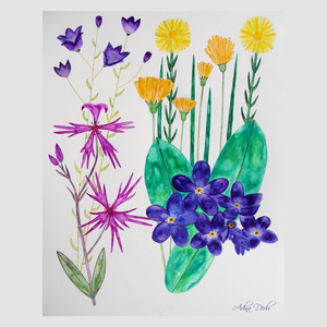 Ilustratie Pictura Tablou Acuarele Flori de Camp Galbene, Roz si Violet - Artynos.ro