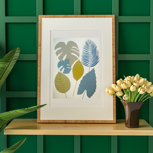 Ilustratie Pictura Tablou Guase Frunze Tropicale Galbene si Turcoaz - arte vizuale și accesorii  - picturi - acuarele picturi - Artynos.ro