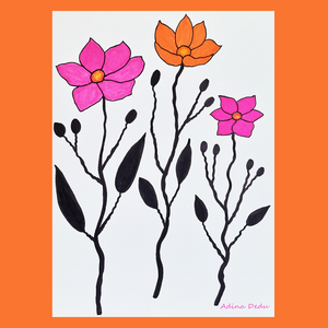Tablou Ilustratie Flori Roz, Portocaliu si Negru - Artynos.ro
