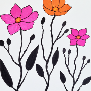Tablou Ilustratie Flori Roz, Portocaliu si Negru - arte vizuale și accesorii  - grafică, ilustrație - alte desene - Artynos.ro