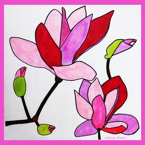 Ilustratie Desen Tablou Markere Flori Magnolii Roz, Rosii si Violet - Artynos.ro