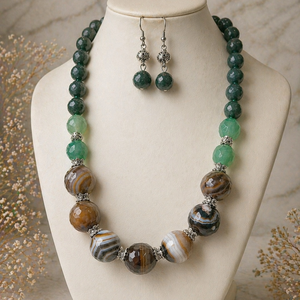 SET~WOODLAND SPIRIT~ agate,jad,inox, Bijuterii, Seturi de bijuterii, Confectionarea bijuteriilor, Set bijuterii-colier si cercei-lucrat manual din agate fatetate maro 20 mm,agate maxifatetate verzi..., ARTYNOS