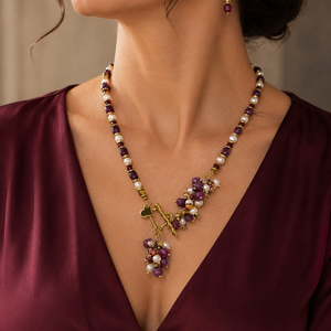 SETBURGUNDY ELEGANCEjad fatetat,perle de cultura,hematit electroplacat,accesorii placate cu aur,inox - Artynos.ro