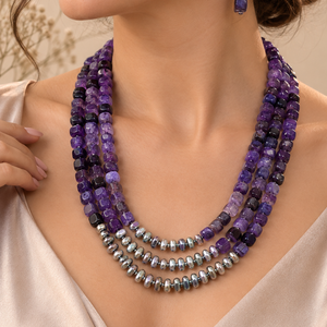 Set colier si cercei agate crackle,hematit,toho,inoxPURPLE STORY - Artynos.ro
