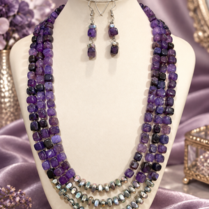 Set colier și cercei agate crackle,hematit,toho,inoxPURPLE STORY - bijuterii - seturi de bijuterii - Artynos.ro