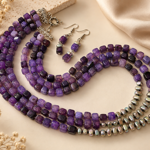 Set colier și cercei agate crackle,hematit,toho,inoxPURPLE STORY - bijuterii - seturi de bijuterii - Artynos.ro
