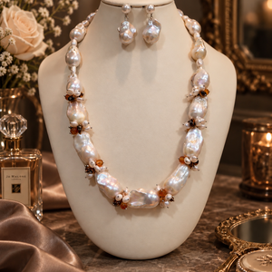 Set colier și cercei din perle baroc mari,perle cultura,agate,hematit,inoxWHITE TEMPTATION - bijuterii - seturi de bijuterii - Artynos.ro