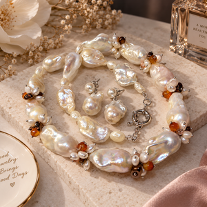Set colier și cercei din perle baroc mari,perle cultura,agate,hematit,inoxWHITE TEMPTATION - bijuterii - seturi de bijuterii - Artynos.ro
