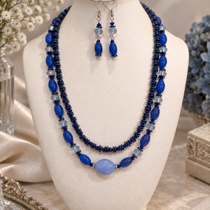 Set colier si cercei din agate fatetate,hematit electroplacat,cristale sticla si inoxBLUE OBSESSION - Artynos.ro