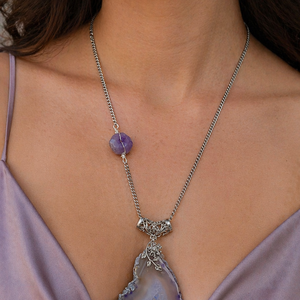 SET ~LAVENDER ELEMENT~ agate,ametist,hematit,inox, Bijuterii, Seturi de bijuterii, , Set casual -colier si cercei-lucrat manual din pandantiv masiv felie agata naturala(8,5x5,5 cm),ame..., ARTYNOS