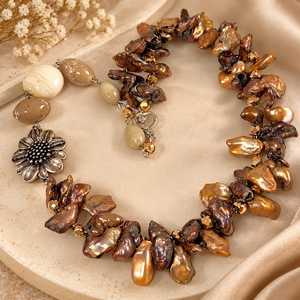 Colier perle naturale,hematit,inox-Accesorii argintate, Hematit, Inox, Perle neregulate mari, TohTaupe Praline- - bijuterii - seturi de bijuterii - Artynos.ro