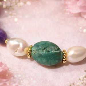 BRĂȚARĂ AMETHYST MOSS  ametist,hematit electroplacat,perle cultură,agata druzy,inox auriu - bijuterii - brățări - brățări din pietre semiprețioase - Artynos.ro