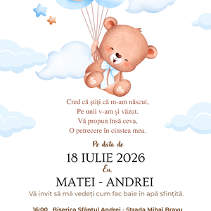 Invitație botez - jucării și echipamente pentru copii - daruri de botez - Artynos.ro