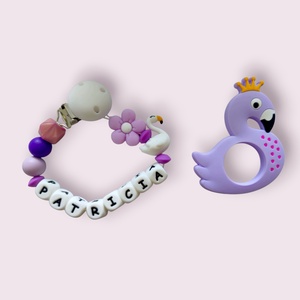 SET Lanț pentru suzetă personalizat - jucărie pentru dentiție Lebădă - jucării și echipamente pentru copii - jucării bebeluși - lanț suzetă - Artynos.ro