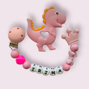 SET Lanț pentru suzetă personalizat - jucărie pentru dentiție Dinozaur - jucării și echipamente pentru copii - jucării bebeluși - lanț suzetă - Artynos.ro