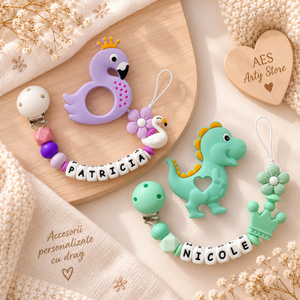 SET Lanț pentru suzetă personalizat - jucărie pentru dentiție - jucării și echipamente pentru copii - jucării bebeluși - lanț suzetă - Artynos.ro
