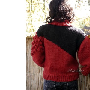 BORKA pulover extravagant, gros, tricotat manual din merinos / roșu-negru - îmbrăcăminte și modă - haine damă - hanorace, cardigane - Artynos.ro