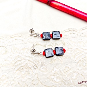 Cercei de iarna cu coral rosu si larvikit - bijuterii - cercei - cercei lungi - Artynos.ro