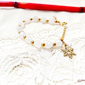 Bratara cu jad alb si fulg de zapada auriu - bijuterii - brățări - brățări din pietre semiprețioase - Artynos.ro