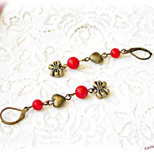 Cercei cu coral rosu si inimioare - bijuterii - cercei - cercei din pietre semiprețioase - Artynos.ro