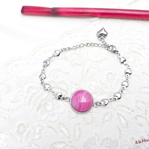 Bratara cu inimioare si agat roz  - bijuterii - brățări - brățări din pietre semiprețioase - Artynos.ro