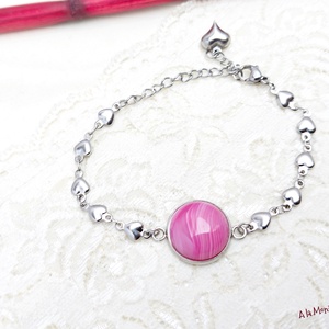 Bratara cu inimioare si agat roz  - bijuterii - brățări - brățări din pietre semiprețioase - Artynos.ro