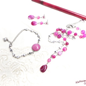 Cercei cu inimioare si agat roz - bijuterii - cercei - cercei din pietre semiprețioase - Artynos.ro