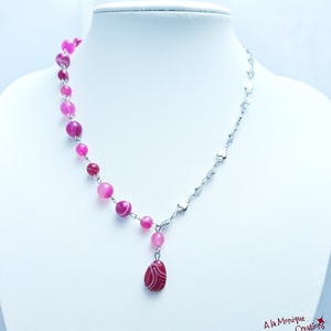 Colier cu inimioare si agat roz - bijuterii - coliere - coliere din pietre semiprețioase - Artynos.ro