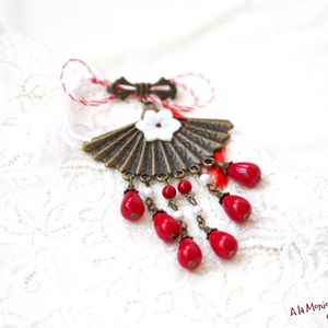 Brosa evantai cu perle si floare de sidef, Bijuterii, Brose, Confectionarea bijuteriilor, ARTYNOS