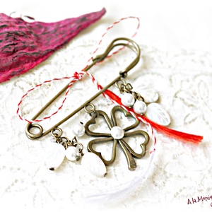 Brosa cu trifoi si perle albe, Bijuterii, Martisor, Confectionarea bijuteriilor, ARTYNOS
