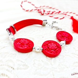 Bratara cu cinabru si perle albe - Artynos.ro