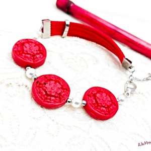 Bratara cu cinabru si perle albe - bijuterii - mărțișor - Artynos.ro