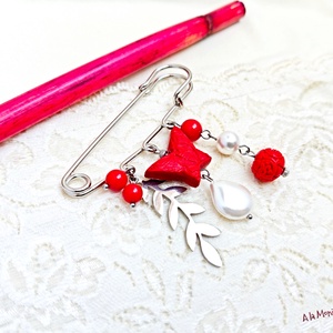 Brosa cu cinabru si perle albe - bijuterii - mărțișor - Artynos.ro