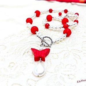 Colier cu cinabru si perle albe, Bijuterii, Coliere, Coliere cu pandative, Confectionarea bijuteriilor, ARTYNOS