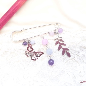 Brosa cu pietre roz mov si frunzulita - bijuterii - broșe - Artynos.ro