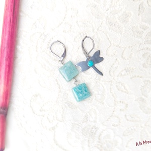 Cercei cu libelula si amazonit - bijuterii - cercei - cercei din pietre semiprețioase - Artynos.ro