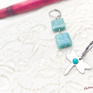 Cercei cu libelula si amazonit - bijuterii - cercei - cercei din pietre semiprețioase - Artynos.ro