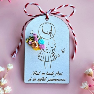 Brosa martisor Fata cu flori, Bijuterii, Martisor, Aranjament de flori, Gravare, pirogravura, ARTYNOS