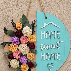 Placheta decorativa cu flori si mesaj, Accesorii nunta, Materiale decor pentru nunta, Decoratiuni nunta, Gravare, pirogravura, Pictura, Placheta decorativa din lemn, vopsita si asamblata manual, ornata cu flori de lemn si flori criogen..., ARTYNOS