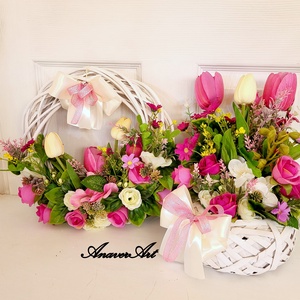 Set aranjament de primavara Coronita primavara Aranjament cu flori primavara - casă & stil de viață - accesorii pentru decorat casa - suport de flori - coronițe decor - Artynos.ro