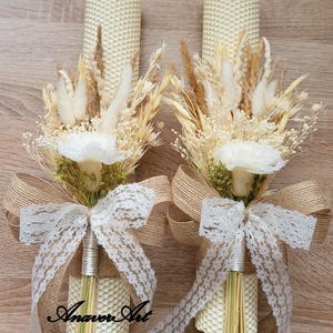 Lumanari fagure pentru nunta cu flori uscate si criogenate, Accesorii nunta, Materiale decor pentru nunta, Lumanari de nunta si suport lumanari, Aranjament de flori, Lumanari nunta crem realizate din ceara de albine, lumanarile sunt decorate cu flori criogenate, pl..., ARTYNOS